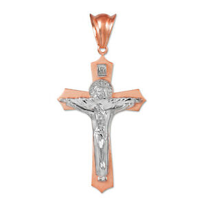 【貨物輸送無料】宝飾品・添え物 ローズホワイトゴールドホーリートリニティサイズreligieux 14k rose et or blanc holy trinity crucifix cross pendant taille