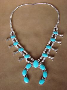 【貨物輸送無料】宝飾品・付属物 ネイティブアメリカンジュエリーシルバースターリングターコイズスカッシュフラワーネックレスnative americain bijoux argent sterling turquoise squash fleur collier