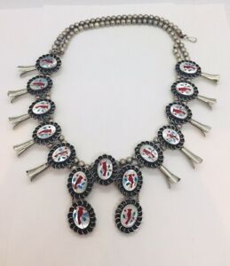 【貨物輸送無料】宝飾品・添え物 ナバホネイティブアメリカンメッキシルバーモップスクワットフラワーネックレスnavajo native american plaque argent mop oiseau incrustation squat fleur collier