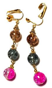 【送料無料】ジュエリー・アクセサリー パールピンチイヤリングハンギングドロップガラスtres longue or 3 perle pince boucles doreilles goutte pendantes craquele verre