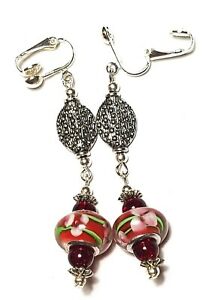 【送料無料】ジュエリー・アクセサリー ロングレッドシルバークリップイヤーハンギンググラスパールヴィンテージシックlongue argent rouge avec clip oreilles goutte pendantes verre perle vintage chic