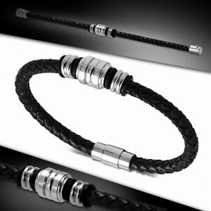 【送料無料】ジュエリー・アクセサリー スチールチューブブラックレザーストラップbracelet en cuir noir tresse avec fermeture magnetique et tubes acier 12,766円