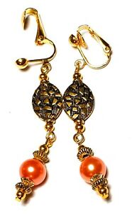 【送料無料】ジュエリー・アクセサリー ゴールデンパールピーチクリップクラスガラスlong dore perle peche avec clip oreilles goutte pendantes verre classe artisant