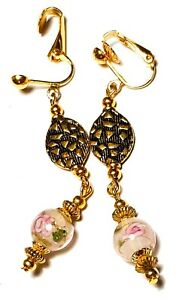 【送料無料】ジュエリー・アクセサリー ゴールデンローズクリップチャルモーグラスパールシックlong dore rose avec clip oreilles goutte pendantes chalumeau verre perles chic