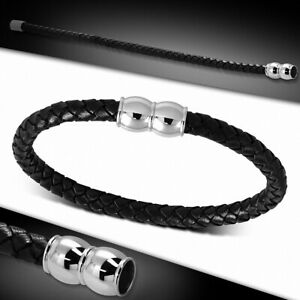 【送料無料】ジュエリー・アクセサリー bracelet en cuir tresse noir avec fermeture magnetique 22 cm