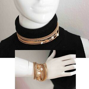 【送料無料】ジュエリー・アクセサリー ブレスレットレザーカラーラスデュクーブラウンストラスラヴィングパールペンbracelet cuir collier rasducou 2 en 1 marron strass aimant perles stylo xl