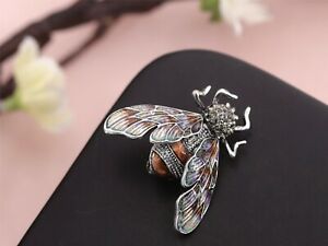 【送料無料】ジュエリー・アクセサリー シルバーパインブローチブラウンストロードビーシガレヴィンテージbroche pin argente marron paillete email abeille cigale insecte vintage xz9