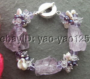 ジュエリー・アクセサリー アメジストラフパールクリスタルブレスレットamethyst rough raw freshwater white pearl crystal bracelet 8 free shipping