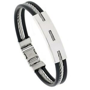 【送料無料】ジュエリー・アクセサリー スチールケーブルブレスレットブラックラバーアクセントacier inoxydable cable bracelet w caoutchouc noir accent