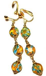 【貨物輸送無料】宝飾品・添え物 ミレフィオーリピンチガラスハンギングドロップtres longue or jaune millefiori pince oreilles verre perle goutte pendantes