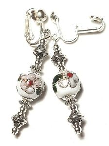 【貨物輸送無料】宝飾品・添え物 クリップグーテペンダントヴィンテージシックlongue argent blanc cloisonne avec clip oreilles goutte pendantes vintage chic