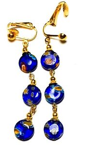 【貨物輸送無料】宝飾品・添え物 ミレフィオーリピンチガラスハンギングドロップtres longue or bleu millefiori pince oreilles verre perle goutte pendantes