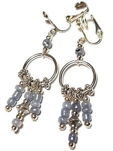 【貨物輸送無料】宝飾品・付属物 ロングシルバーグレーウィズクリップパールグラスドロップペンダントジプシーlongue argent gris avec clip oreilles lustre verre perle goutte pendantes gypsy