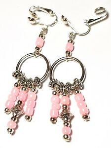 【貨物輸送無料】宝飾品・添え物 ピンクイヤリングシルバーラストレスイヤリングロングドロップグラスパールクリップrose boucles doreilles lustre argent avec clip perle en verre longue goutte