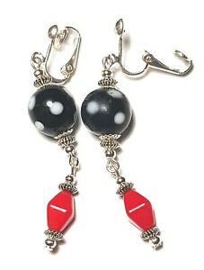 【送料無料】ジュエリー・アクセサリー ロングシルバーブラックホワイトレッドクリップイヤーパールガラス?longue argent noir blanc rouge avec clip oreilles verre perle goutte pendantes ?