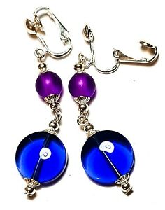 【貨物輸送無料】宝飾品・添え物 バイオレットクリップガラスハンギングドロップlongue argent violet amp; bleu avec clip oreilles verre perles goutte pendantes