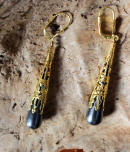 【送料無料】ジュエリー・アクセサリー ロングイヤリングドロップヘマタイトパールバロックゴシックエルベンboucles doreilles longues gouttes perles hematite dore baroque elfique gothique