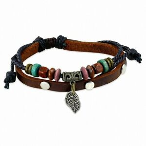 【送料無料】ジュエリー・アクセサリー カルマビーズブラウンレザーブレスレットシートbracelet en cuir marron marron perles de karma avec feuille