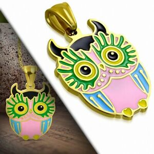 【送料無料】ジュエリー・アクセサリー ピンクスチールフクロウペンダントpendentif en acier dore hibou colore vert et rose