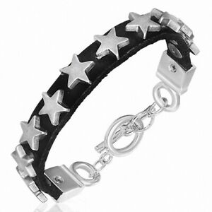 【送料無料】ジュエリー・アクセサリー ロッキングブレスレットbracelet a bascule cuir noir avec etoiles