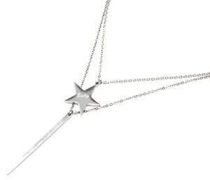 【送料無料】ジュエリー・アクセサリー スターペンダントシルバースチールバーダブルチェーンネックレスcc2133e collier double chaine avec pendentifs etoile et barre acier argente