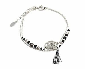 【送料無料】ジュエリー・アクセサリー シルバースチールフラワーポンポンダブルチェーンブレスレットbc1643e bracelet double chaine avec perles, fleur acier argente et pompon n 13,845円