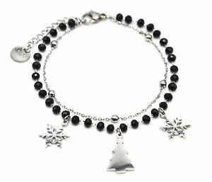 【送料無料】ジュエリー・アクセサリー ブラックパールブレスレットチャームフロコンズモミスチールボールbc3435e bracelet perles noires et boules avec charms flocons sapin acier ar