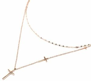 【送料無料】ジュエリー・アクセサリー マルチチャームクロスゴールドダブルチェーンネックレスcc3163e collier double chaines avec multi charms croix acier or rose