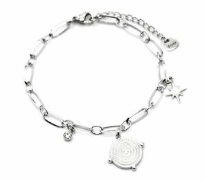 【送料無料】ジュエリー・アクセサリー ポイントメダルシルバースチールスターリンクチェーンブレスレットbc3955f bracelet chaine maillons avec medaille points et etoile acier argente