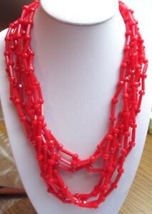 【送料無料】ジュエリー・アクセサリー ビンテージネックレスチューブビーズcollier bijou vintage 7 rangs de perles tube resine rouge vif fermoir cache 1704