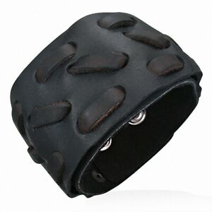【送料無料】ジュエリー・アクセサリー ブラックレザーフォースブレスレットブラウンストラップbracelet de force en cuir noir avec lanieres marron incrustees