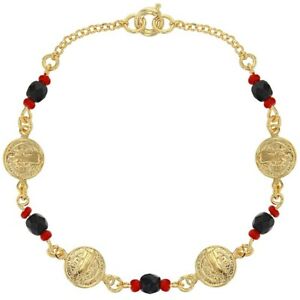 【送料無料】ジュエリー・アクセサリー メッキゴールドサンベネディクトアザバチェマルアイプロテクション18k plaque or saint benedicte bracelet simule azabache mal eye protection 178cm