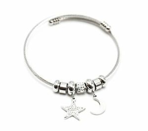【送料無料】ジュエリー・アクセサリー チャームスターストラスシルバースチールムーンオープンブレスレットbc3386e bracelet jonc ouvert avec charms etoile strass et lune acier argente