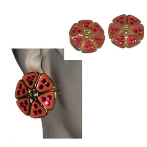 【送料無料】ジュエリー・アクセサリー イヤリングクリップゴールドエナメルオレンジクリスタルピンクgrosses boucles doreilles clip fleur couleur or email orange cristal rose bijou