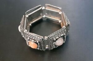 【送料無料】ジュエリー・アクセサリー エスニックアゲートシルバーメタルブレスレットヴィンテージbracelet ethnique agate metal argente decore elastique vintage xxeme