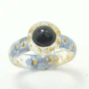 【送料無料】ジュエリー・アクセサリー リングカボションオニキスサイズ?bague en resine, fleur de myosotis bleue, cabochon onyx noir, taille 43 a 76