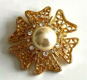 【送料無料】ジュエリー・アクセサリー ゴールドヴィンテージラインストーンbroche vintage dore strass grande fausse perle 4,8cm neuf 3d