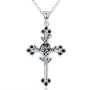 【送料無料】ジュエリー・アクセサリー ネックレスペンダントピンクフラワーリーフクロスウーマンシルバースターリングcollier pendentif fleur rose feuille croix femme 925 argent sterling