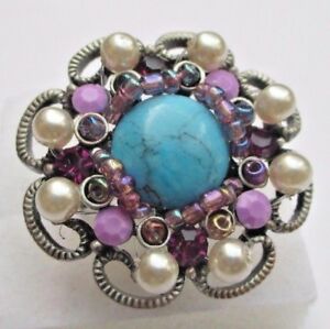 【送料無料】ジュエリー・アクセサリー リングシルバーカラーピンクシルバーターコイズビーズgrande bague bijou couleur argent grande fleur perles turquoise argentees roses