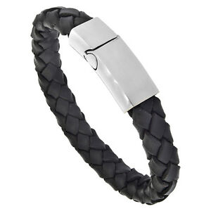 【送料無料】ジュエリー・アクセサリー ブラックレザーブレスレットスチールマグネットクラスプ11 mm noir tresse cuir bracelet w acier inoxydable fermoir magnetique