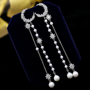 【送料無料】ジュエリー・アクセサリー イヤリングロングムーンクラススタータッセルパールゴールドメッキホワイトboucles doreilles clous long lune etoile tassel perle cz plaque or blanc g12a