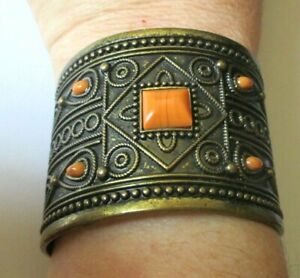 【送料無料】ジュエリー・アクセサリー ブロンズカボションオレンジレトロブレスレットカフlarge bracelet manchette rigide en bronze cabochons oranges bijou retro