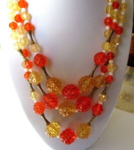 【送料無料】ジュエリー・アクセサリー ネックレスビーズオレンジイエローカラーcollier bijou ancien 3 rangees de perles deco couleur jaune orange *4452