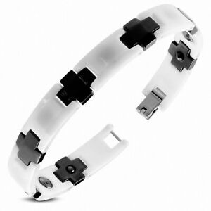 【送料無料】ジュエリー・アクセサリー ホワイトブラッククロスセラミックパンサーリンクブレスレット10mm ?bracelet a maillons panthere en ceramique avec croix en blanc et noir
