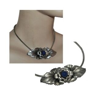 【送料無料】ジュエリー・アクセサリー ヴィンテージネックカラーメッキラピスラズリcollier ras de cou vintage plaque argent feuille fleur lapis lazuli 38cm bijou