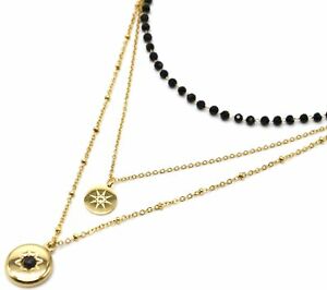 【送料無料】ジュエリー・アクセサリー ブラックパールゴールデンスチールトリプルチェーンネックレスcc3206e collier triple chaines acier dore avec perles noires et medailles s