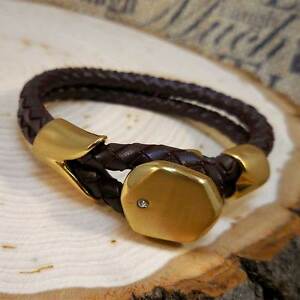【送料無料】ジュエリー・アクセサリー ゴールドレザーステンレススチールブレスレットクリスタルgold braided leather stainless steel 8″ bracelet with cz crystal