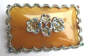 【送料無料】ジュエリー・アクセサリー ブローチシルバーバケライトヴィンテージbroche ancienne couleur argent bakelite ocre fleur cristaux bijou vintage 653