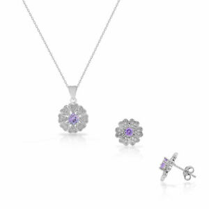 【送料無料】ジュエリー・アクセサリー シルバースターリングアメジストトーンハートフラワーイヤリングコリアーセットargent sterling amethysttone cz coeur fleur boucles doreilles collier set