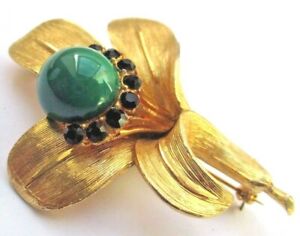 【送料無料】ジュエリー・アクセサリー ブローチカボショングリーンヴィンテージancienne broche couleur or fleur cabochon vert noir bijou vintage 2818
